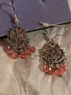 Avon Silver-Tone Filigree Earrings with Coral Pink Drops
